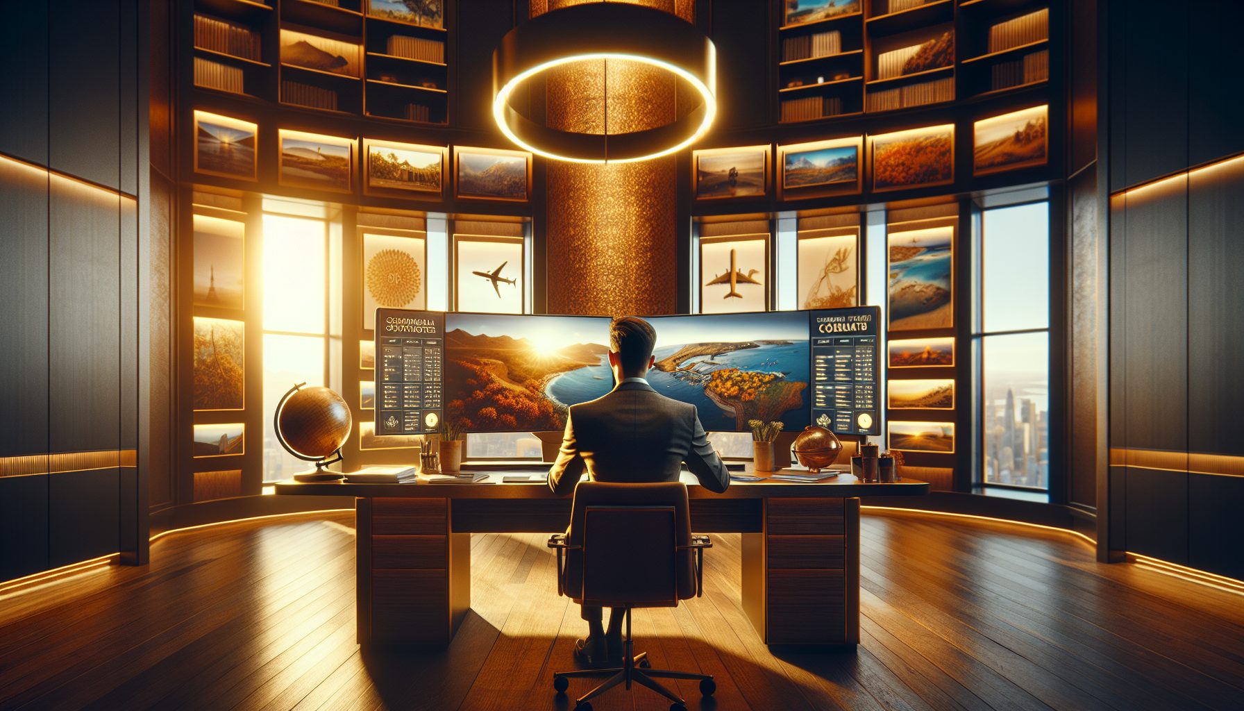 Travel advisor reviewing TICO certification requirements at a modern desk with booking platforms visible on screen