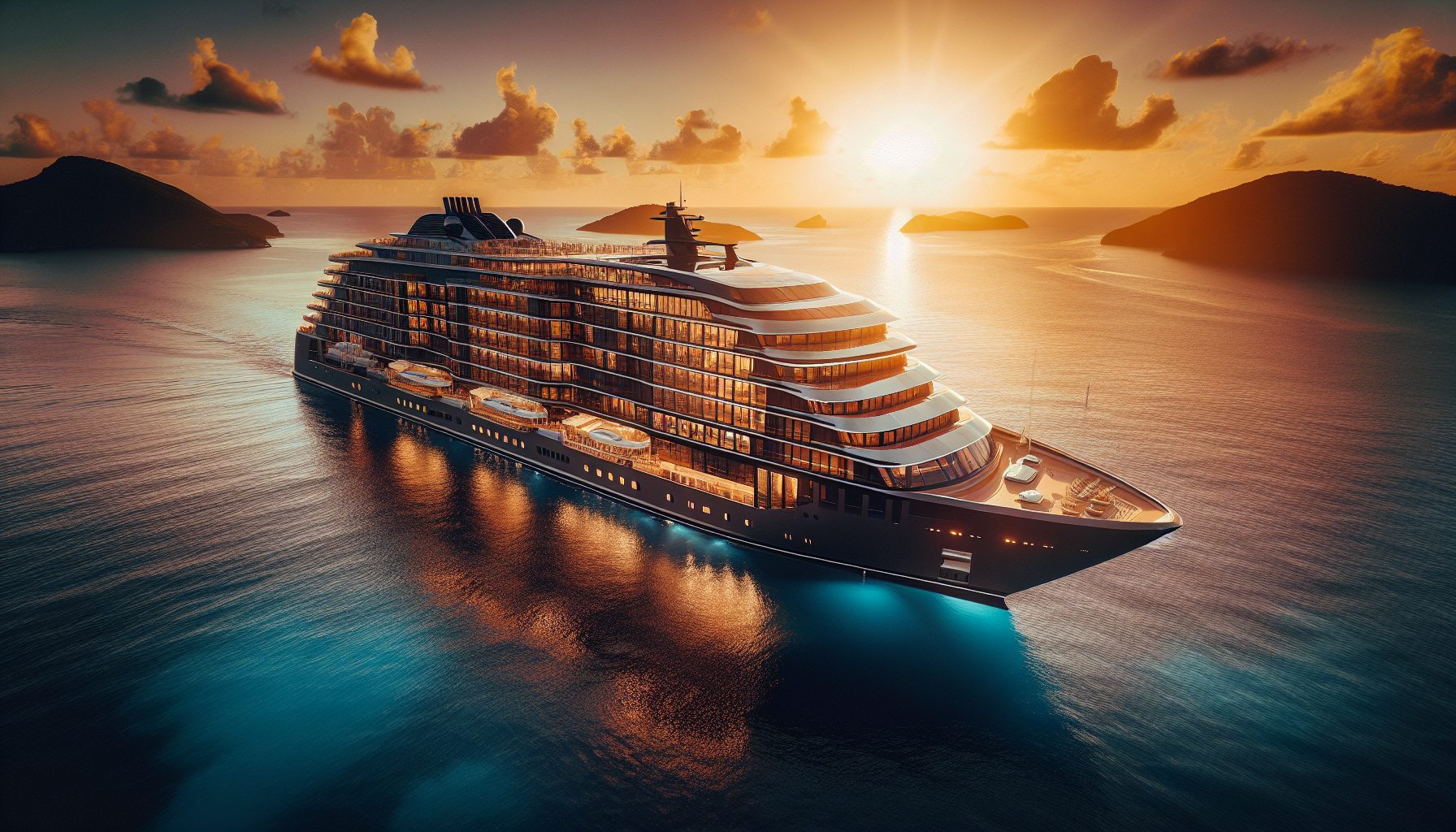 Celebrity Cruises ship sailing through Caribbean waters at sunset with modern luxury design