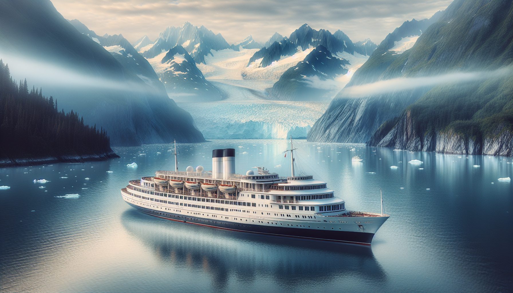 Holland America Line cruise ship sailing through Alaska Inside Passage with glaciers and mountains