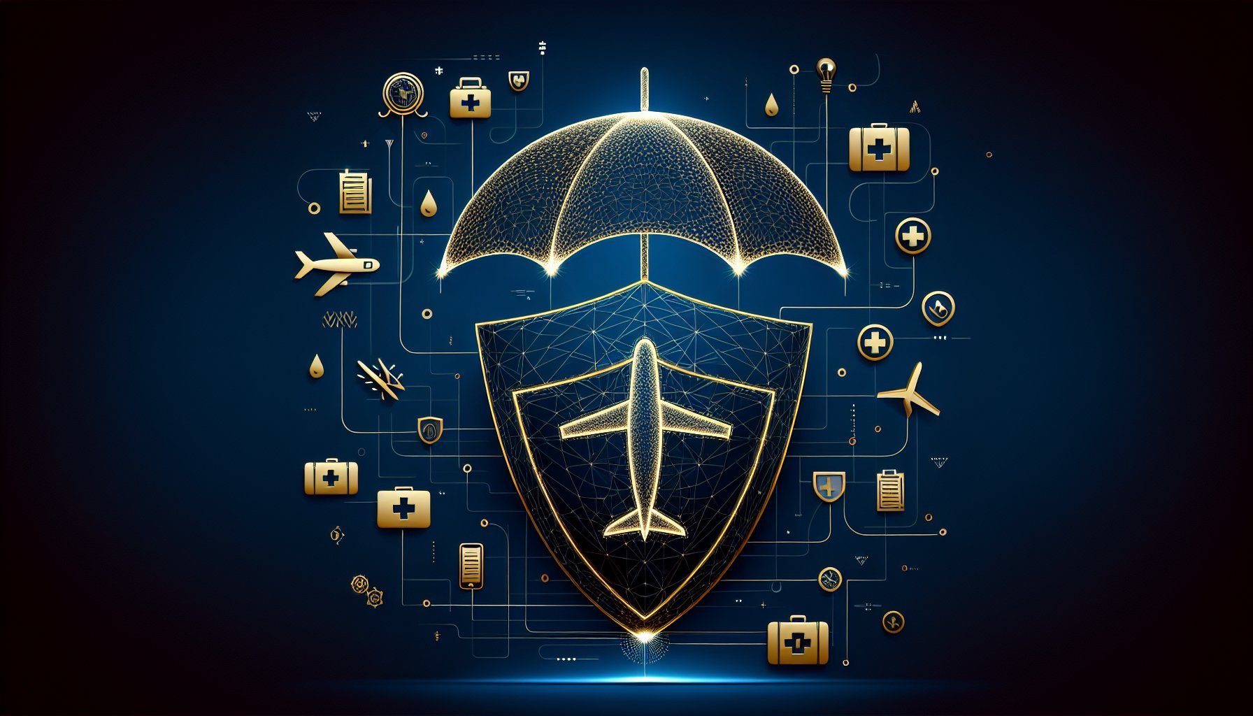 Travel insurance protection concept with shield and travel icons on dark background