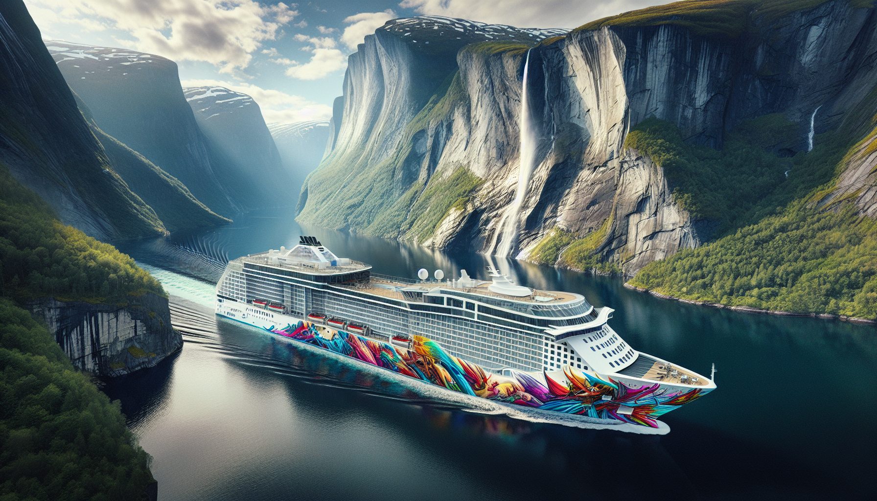 Norwegian Cruise Line ship with colorful hull art sailing through Norwegian fjords with dramatic cliffs