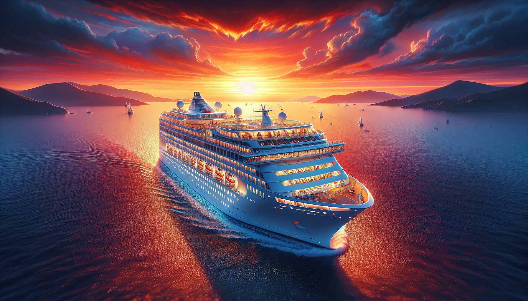 Princess Cruises ship sailing at sunset in the Mediterranean with Greek islands visible