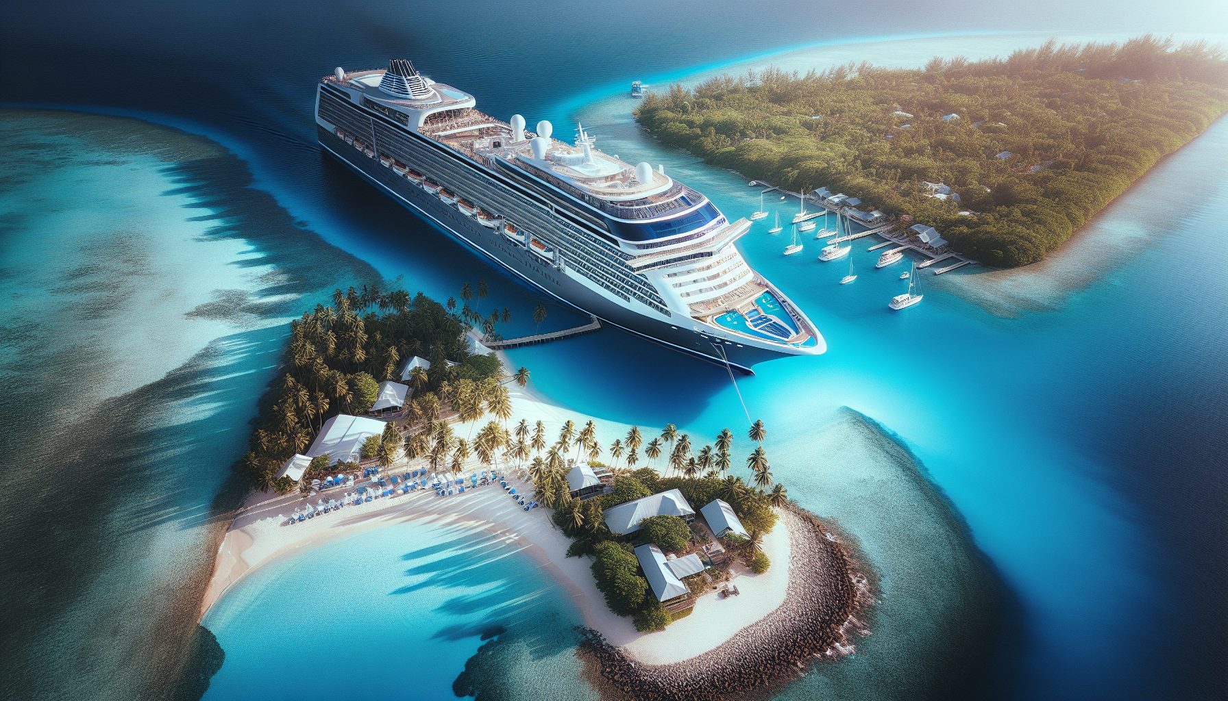 Royal Caribbean cruise ship in tropical Caribbean waters near a white sand beach with palm trees