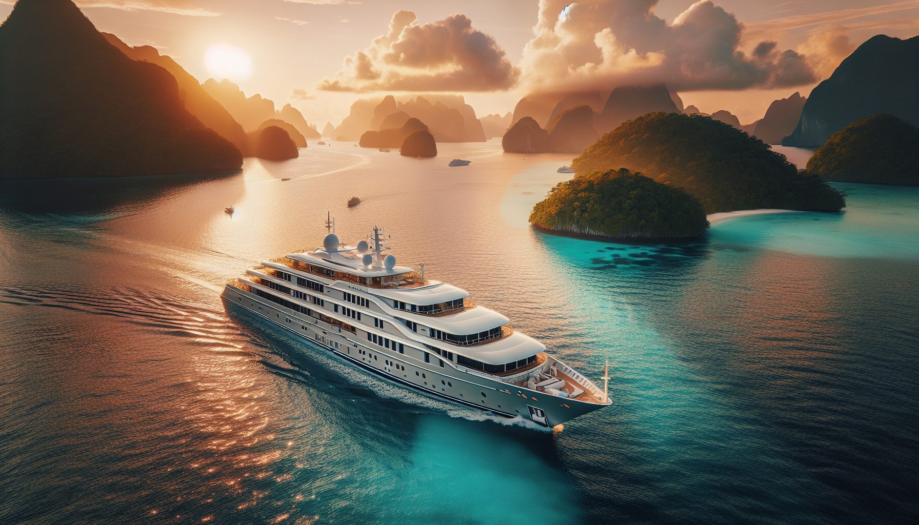 Ultra-luxury Silversea cruise ship in turquoise waters near an exotic tropical island at golden hour